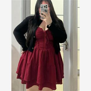 微胖大码韩系小众甜辣风两件套女春季新款红色氛围感裙子开衫套装