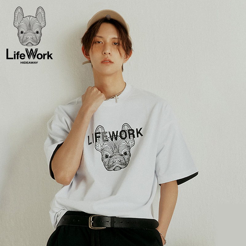 lifework2024年夏季新款休闲短袖法斗犬图案韩版圆领T恤男女同款