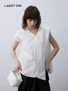 乐戈姆lagetom2024夏季新品不规则V领白色衬衫褶皱法式小衫设计感