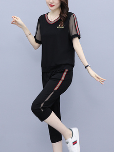 香港潮牌大码女装运动服女夏季新款短袖 七分裤时尚宽松休闲套装