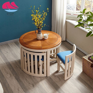 美式圆形实木1米餐桌四人家用创意小户型4人咖啡桌子省空间饭桌