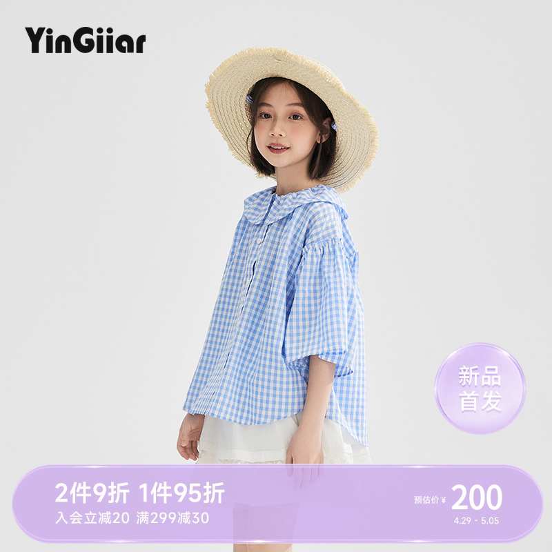 YinGiiar女童娃娃领衬衫夏短袖蓝白格子纯棉衬衣女大童洋气上衣