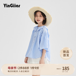 YinGiiar女童娃娃领衬衫夏短袖蓝白格子纯棉衬衣女大童洋气上衣