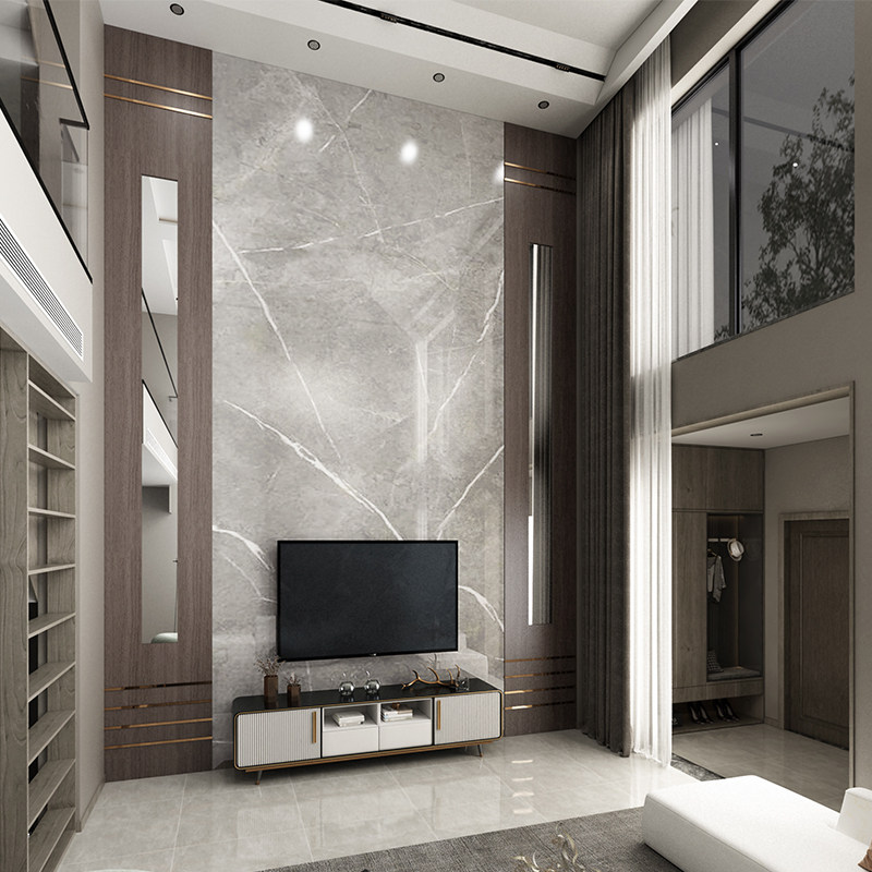 新中式别墅大理石电视背景墙瓷砖现代简约中挑空复式楼实木护墙板