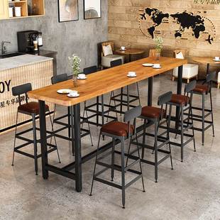 北欧实木高脚吧台桌椅清吧奶茶店商用休闲简约酒吧桌靠墙长条桌凳