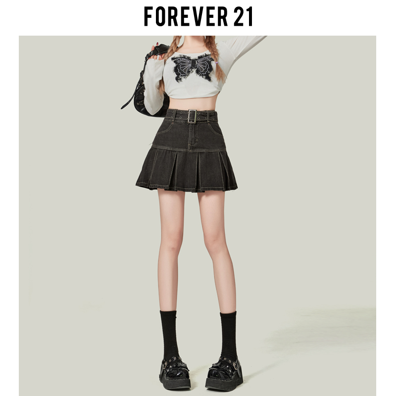 Forever 21复古黑灰色辣妹百褶牛仔半身裙女高腰包臀防走光短裙子