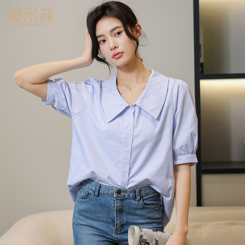 蓝白条纹衬衫女短袖夏季韩版气质宽松百搭时尚上衣洋气设计感衬衣