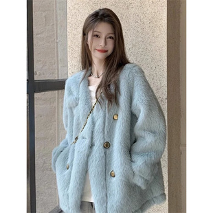 MAJE DVAWN韩系高级感水貂绒外套女时尚加绒加厚小香风蓝色上衣冬