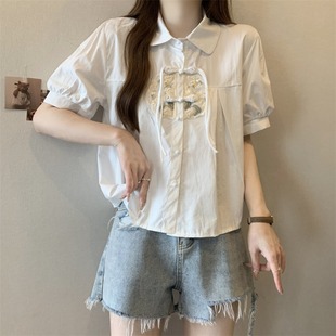 新中式国风刺绣白色正肩短袖衬衫女夏季大码胖mm盘扣小衫减龄上衣