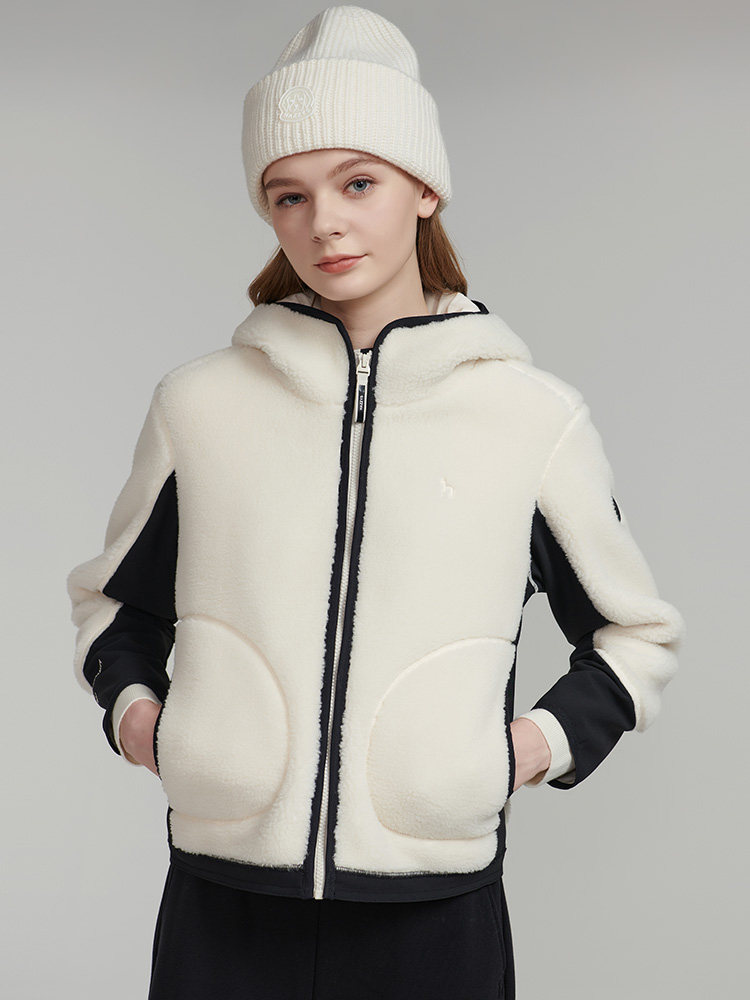 hazzys哈吉斯摇粒绒连帽夹克女士休闲上衣秋冬新品小个子保暖外套