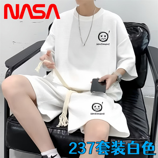 qy-NASA联名华夫格套装男女士夏季薄款冰丝速干短袖短裤五分裤子