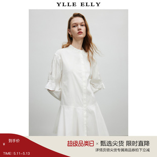 YLLE ELLY白色立领连衣裙秋装新品木耳边长袖衬衫裙简约短裙