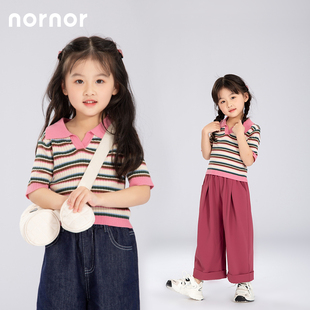 NORNOR 女童夏款2024新款条纹翻领毛衫儿童夏装POLO短袖休闲上衣