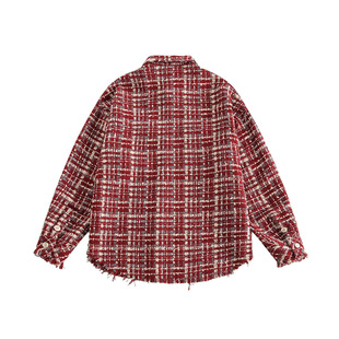 CATTEE美式复古潮牌红色针织夹克外套男女学院风格子休闲长袖衬衫