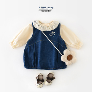 婴儿春装套装女童宝宝洋气水洗牛仔背心裙两件套刺绣儿童韩版衬衫