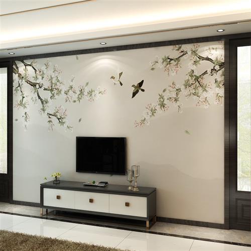 新中式墙布电视背景墙工笔自粘客厅墙纸茶室墙衣素雅花鸟大气壁画