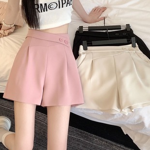 粉色冰丝西装短裤女夏季薄款小个子设计感高腰显瘦宽松阔腿五分裤