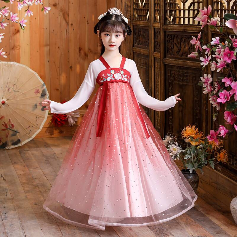 汉服女童儿童古装演出服中国风超仙新款小女孩红色连衣裙表演服