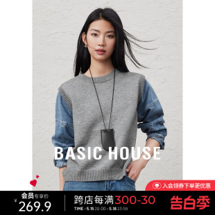 Basic House/百家好牛仔拼接假两件针织衫春季休闲圆领长袖上衣