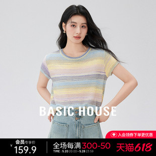 Basic House/百家好天丝莱赛尔短袖针织衫设计感宽松圆领彩色上衣