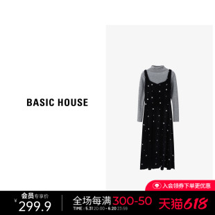 Basic House/百家好复古连衣裙套装春季半高领针织衫吊带裙两件套