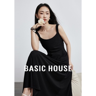 Basic House/百家好2024夏季吊带连衣裙长款法式修身高腰小黑裙子