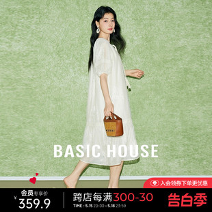 Basic House/百家好新中式刺绣连衣裙夏季新款泡泡短袖白色长裙子