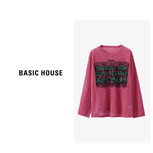 Basic House/百家好字母印花针织T恤女春季时尚圆领长袖上衣