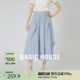 Basic House/百家好松紧腰蓝白格纹裙裤夏季新款宽松不规则阔腿裤
