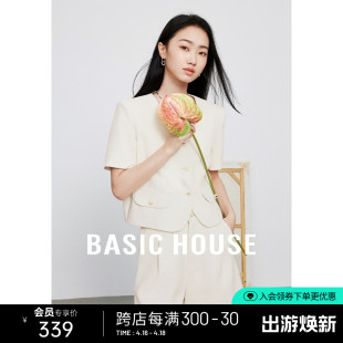 Basic House/百家好纯色薄款小香风短外套高级感小个子短袖西装夏