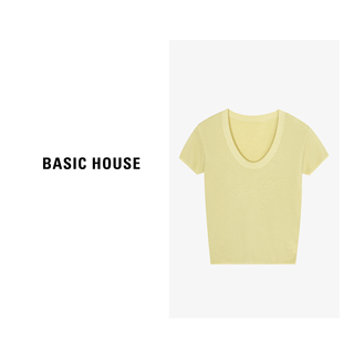 Basic House/百家好绵羊毛纯色针织衫女春季韩版修身显瘦短袖上衣