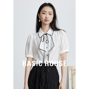 Basic House/百家好撞色系带衬衫夏季设计感甜美短袖小衫上衣白色