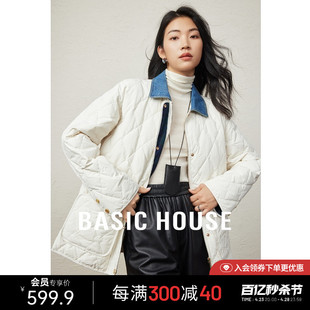 Basic House/百家好牛仔衬衫式羽绒服女冬韩版不臃肿短款菱格外套