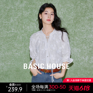 Basic House/百家好立体小花衬衫甜美系带花边短袖小衫女2024夏季