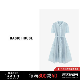 Basic House/百家好温柔翻领显瘦长裙夏季新款系带蛋糕短袖连衣裙