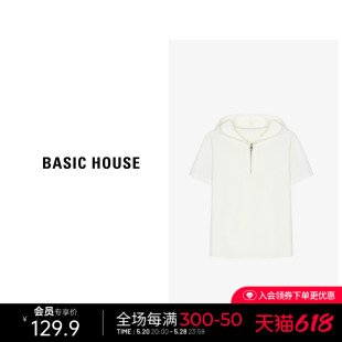 Basic House/百家好2024纯色休闲运动短袖女夏季新款连帽套头T恤