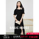 Basic House/百家好泡泡袖开叉连衣裙夏季设计感收腰短袖小黑裙子