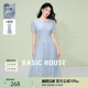 Basic House/百家好轻奢肌理感蓝色连衣裙度假风褶皱中长款裙子夏
