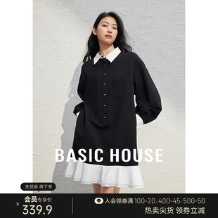 Basic House/百家好撞色拼接连衣裙2024春季设计感黑色衬衫裙