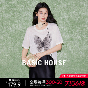 Basic House/百家好新款蝴蝶印花针织衫显瘦夏装薄款圆领短袖上衣