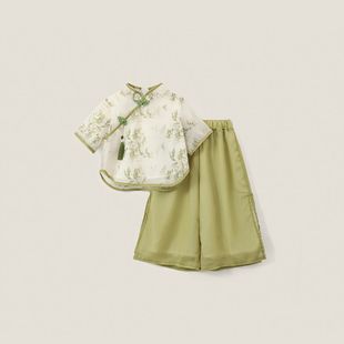 女童国风套装2024新款夏季儿童时髦汉服宝宝新中式碎花上衣两件套
