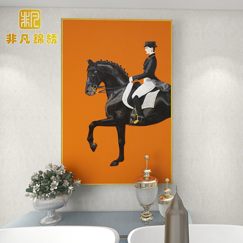 新款黑马骑士玄关装饰画皮革刺绣挂画客厅背景刺绣墙画轻奢仕创意