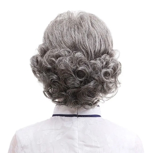 老年人假发女短发奶奶灰老太太扎发头套70岁头顶羊毛卷短发花白