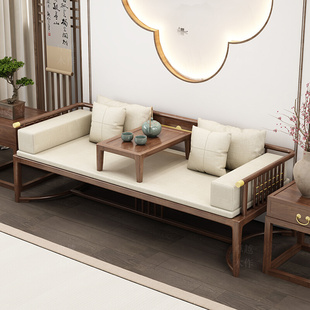 新品新中式乌金木罗汉床实木小户型轻奢白蜡木推拉沙发禅意茶桌椅