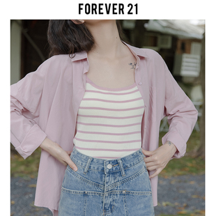 Forever 21法式甜美粉色条纹背心吊带女春季冰丝针织修身内搭上衣