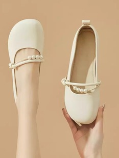 新中式米色平底白色鞋女鞋春秋小皮鞋夏季2024年新款浅口软底单鞋