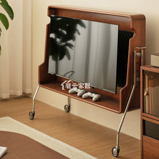 复古可移动电视柜实木不锈钢电视支架家用电视机柜中古机顶盒架子