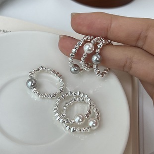 简约小众设计感S925纯银三角碎银子施家珍珠戒指弹力绳个性食指戒