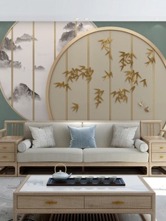 2023新中式轻奢酒店会所客厅沙发电视背景墙壁纸墙布造型竹叶壁画