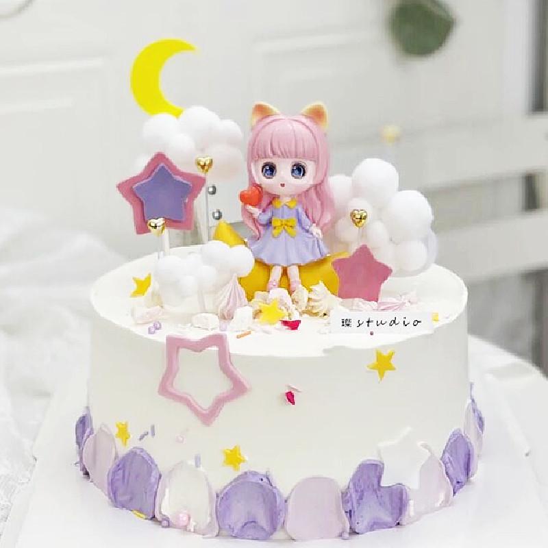 星河少女蛋糕装饰摆件月亮女孩公主娃娃小可爱生日烘焙配件插件